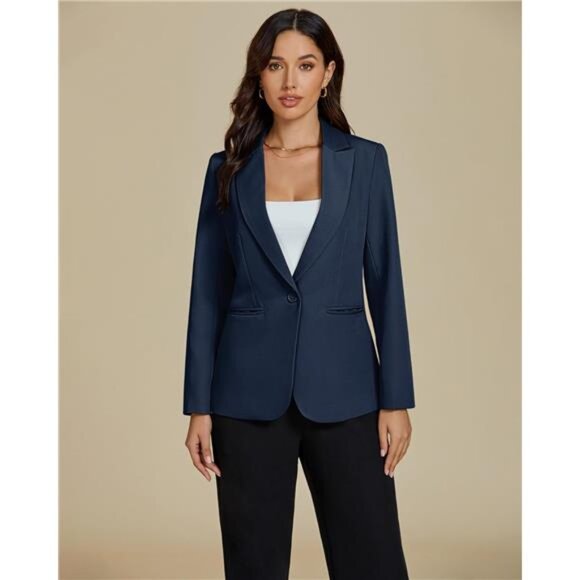 Jackets & Blazers - Women Button Down Suit Blazer with Pockets Dark Blue
